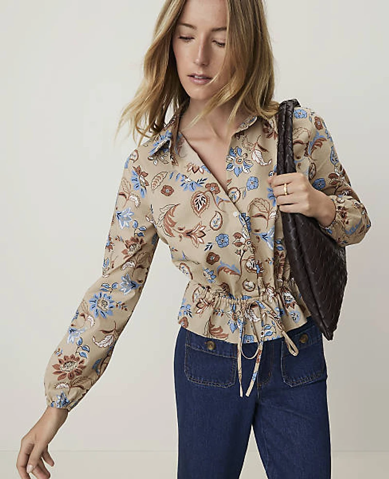 Ann Taylor Weekend Floral Tie Waist Blouse Cool Sesame Women's