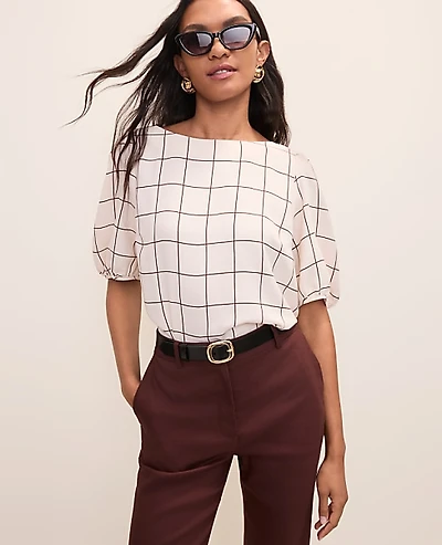 Ann Taylor Windowpane Boatneck Popover Top Rich Walnut Women's
