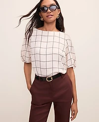 Ann Taylor Windowpane Boatneck Popover Top Rich Walnut Women's