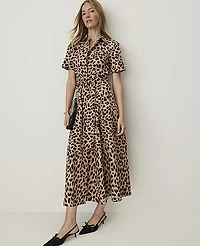 Ann Taylor Petite Animal Print Collared Midi Shirtdress Cafe Au Lait B Women's
