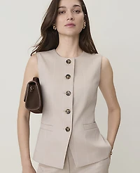 Ann Taylor The Petite Long Crew Neck Vest Windowpane Tan White Women's