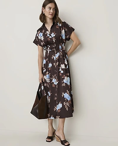 Ann Taylor Petite Floral Collared Midi Shirtdress French Mocha Women's