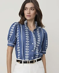 Ann Taylor Weekend Embroidered Ruffle Collar Blouse Denim Blue/White Women's