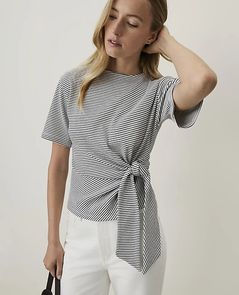 Ann Taylor Petite Weekend Striped Tie Waist T-Shirt Night Sky Women's