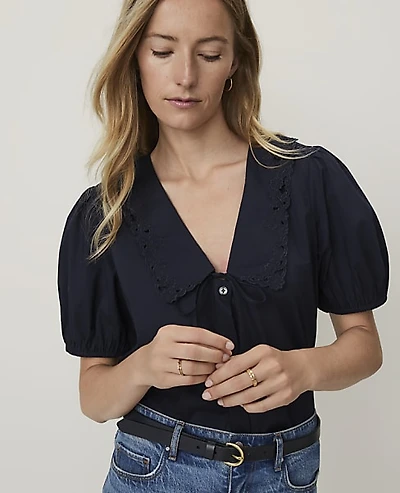 Ann Taylor Weekend Embroidered Collar Blouse Women's
