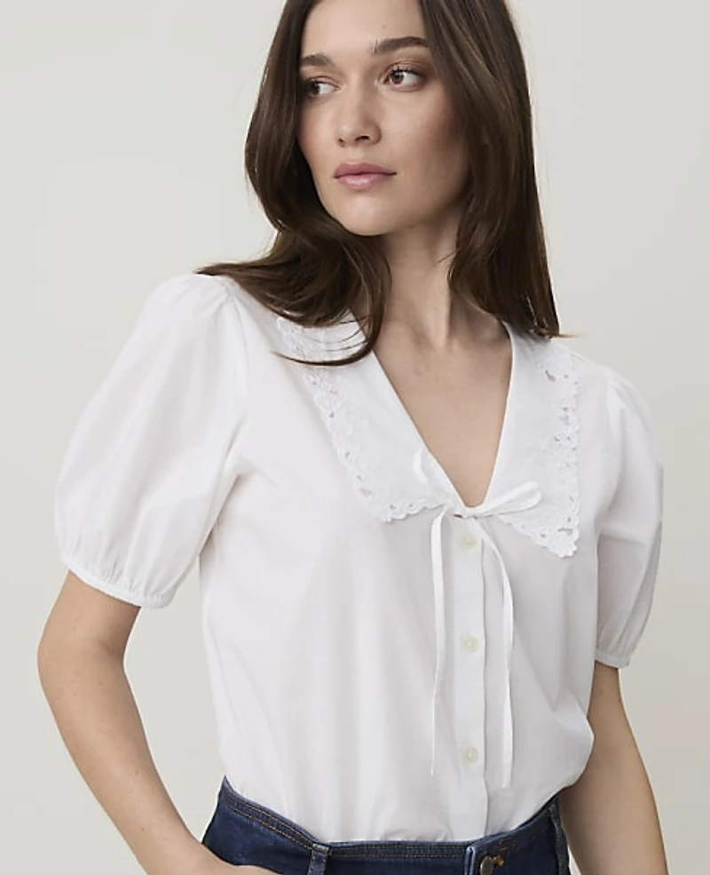 Ann Taylor Weekend Embroidered Collar Blouse Women's