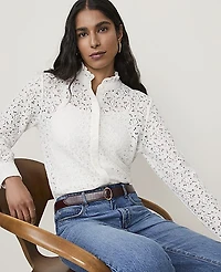 Ann Taylor Petite Ruffle Collar Lace Blouse Winter White Women's