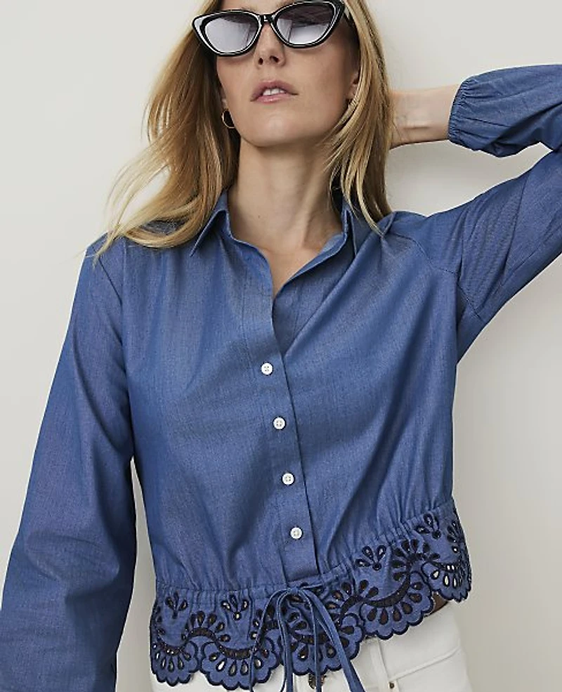 Ann Taylor Petite Weekend Tie Waist Blouse Sea Haze Women's