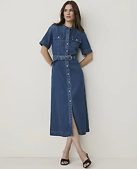 Ann Taylor Petite Weekend Belted Denim Shirtdress Bright Medium Stone Wash Women's