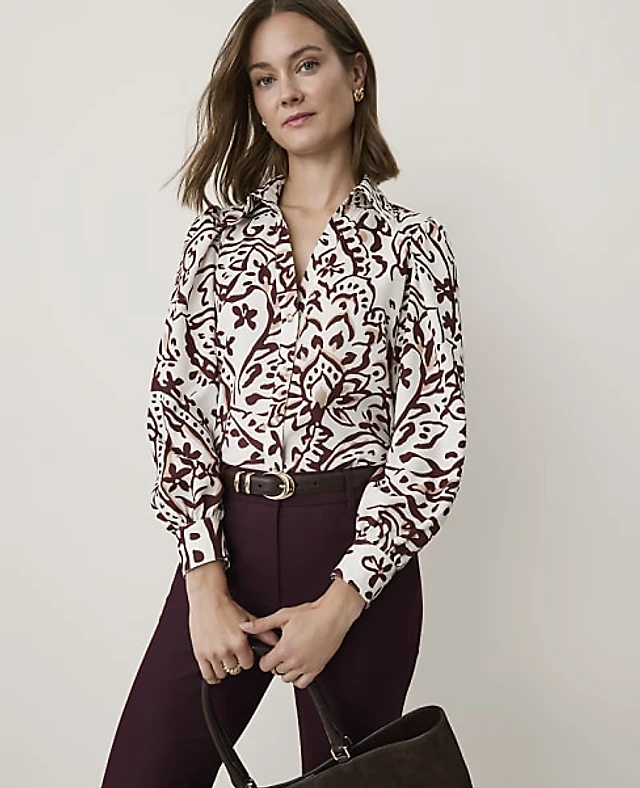 Ann Taylor Paisley Split Neck Blouse Satin Popcorn B Women's