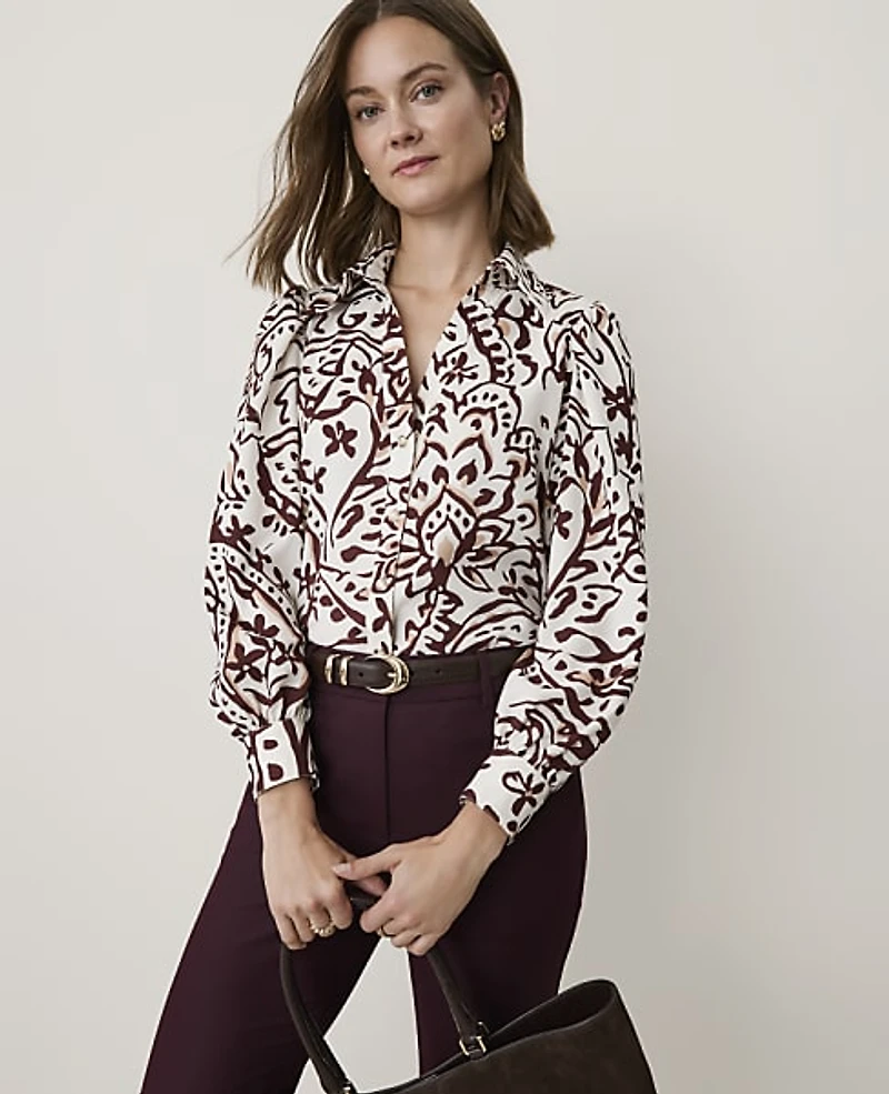 Ann Taylor Paisley Split Neck Blouse Satin Popcorn B Women's
