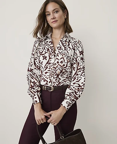 Ann Taylor Paisley Split Neck Blouse Satin Popcorn B Women's