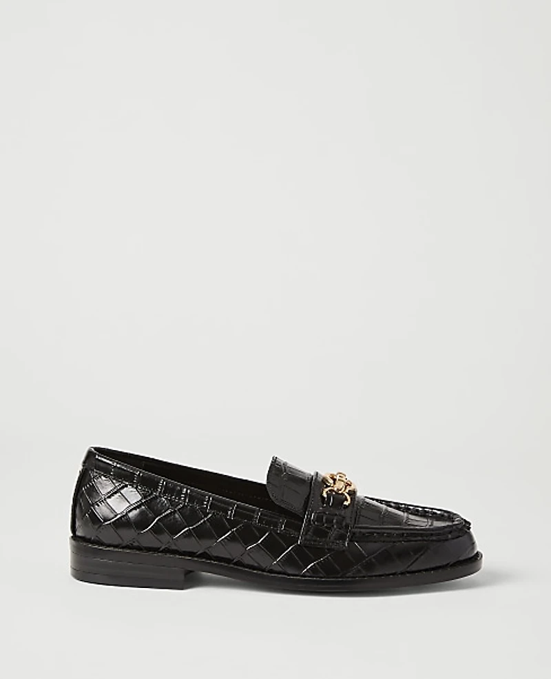 Ann Taylor Hardware Embellished Croco Loafer Black Women's
