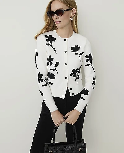 Ann Taylor Floral Jacquard Cardigan Winter White Women's