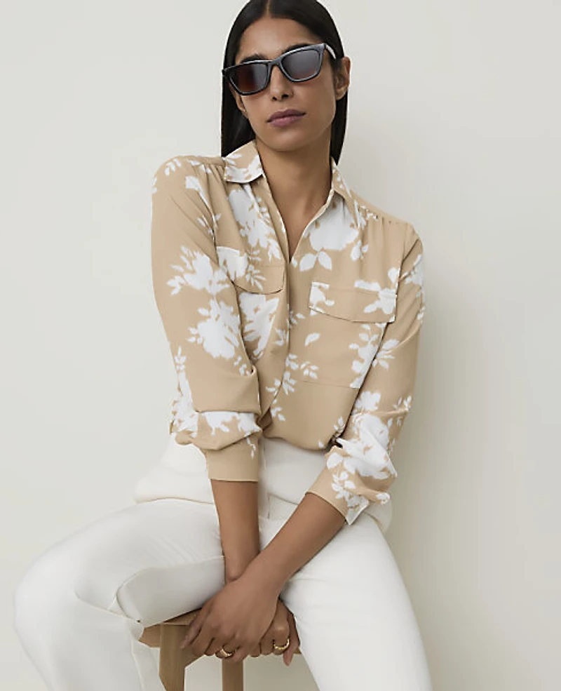 Ann Taylor Floral Camp Shirt Winter White Women's