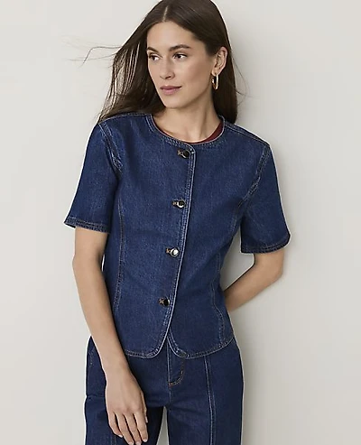 Ann Taylor Short Sleeve Denim Jacket Vintage Dark Wash Women's