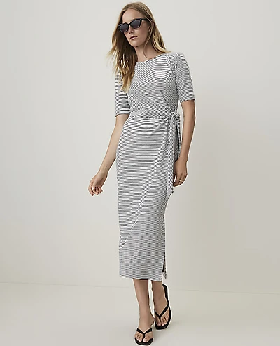 Ann Taylor Petite Weekend Striped Tie Waist Midi Dress Night Sky Women's
