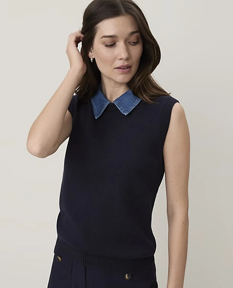Ann Taylor Petite Weekend Denim Collar Sweater Vest Night Sky Women's