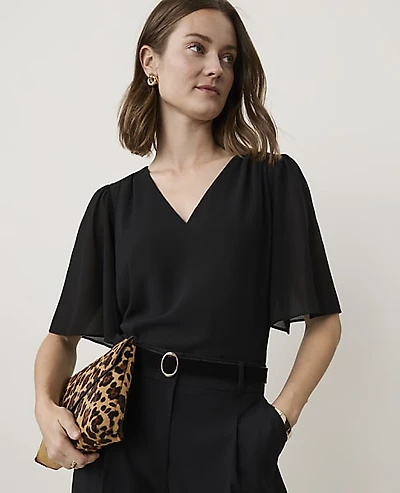 Ann Taylor Flutter Sleeve V-Neck Popover Top Women's
