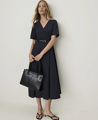 Ann Taylor Belted V-Neck Midi Dress Night Sky Women's