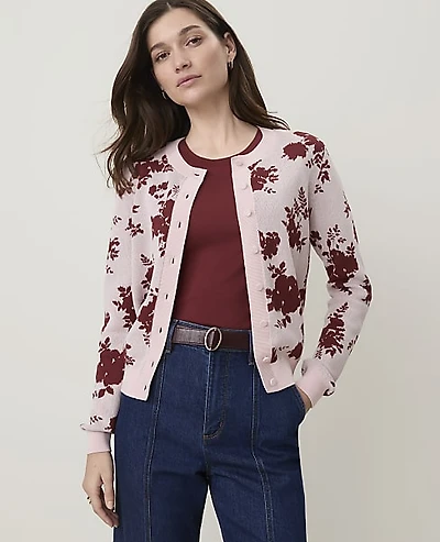 Ann Taylor Petite Floral Jacquard Cardigan Rich Merlot Women's