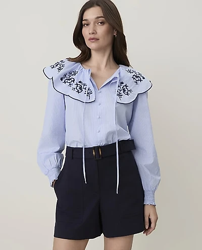 Ann Taylor Weekend Striped Tie Neck Blouse Ultramarine Women's