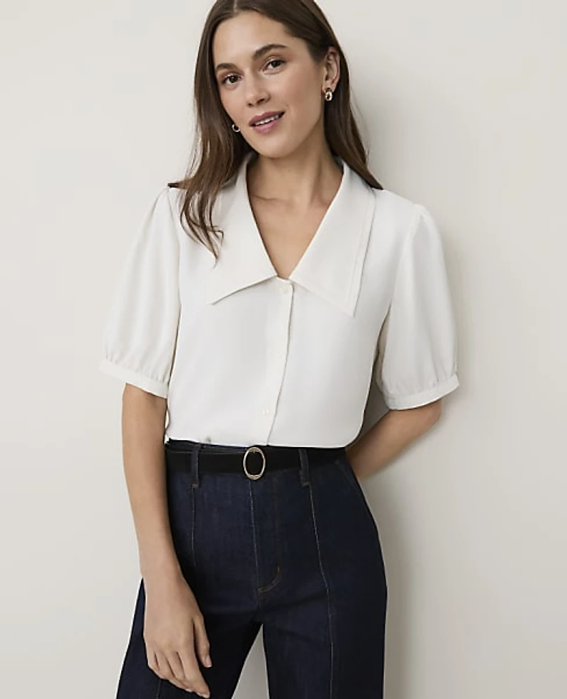 Ann Taylor Puff Sleeve Blouse Winter White Women's