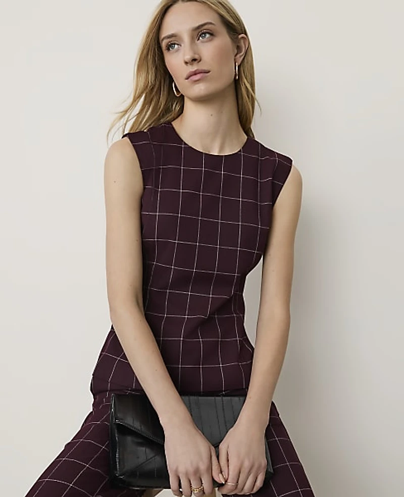 Ann Taylor The Petite Crew Neck Peplum Top Windowpane Burgundy Women's