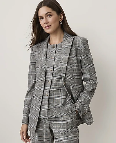 Ann Taylor The Petite Plaid Fitted Long Blazer Blue Women's