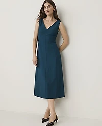 Ann Taylor The Petite Seamed V-Neck Flare Dress Deep Forest Pine Women's