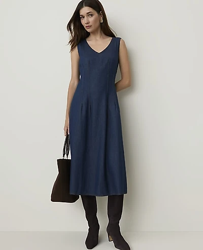 Ann Taylor Petite Seamed Denim Flare Midi Dress Leonora Wash Women's