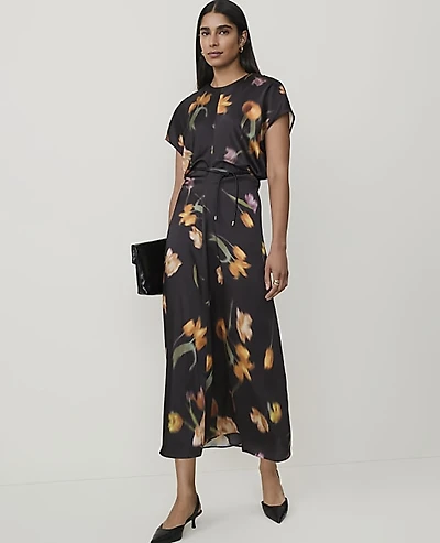 Ann Taylor Petite Floral Crew Neck Midi Dress Black - Yellow Women's