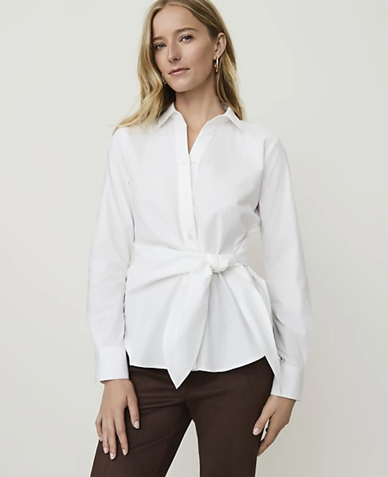 Ann Taylor Tie Waist Button Down Shirt White Women's