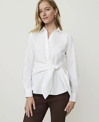 Ann Taylor Tie Waist Button Down Shirt White Women's