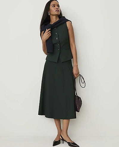 Ann Taylor The Petite Pleated Midi Skirt Seasonless Stretch Dark Forest Green Women's