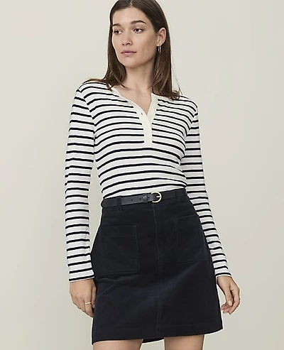 Ann Taylor Petite Weekend Striped Pointelle Henley Top Night Sky Women's