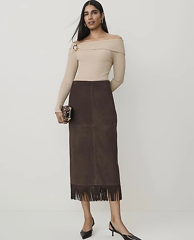 Ann Taylor Studio Collection Suede Fringe Column Skirt Pure Chocolate Women's