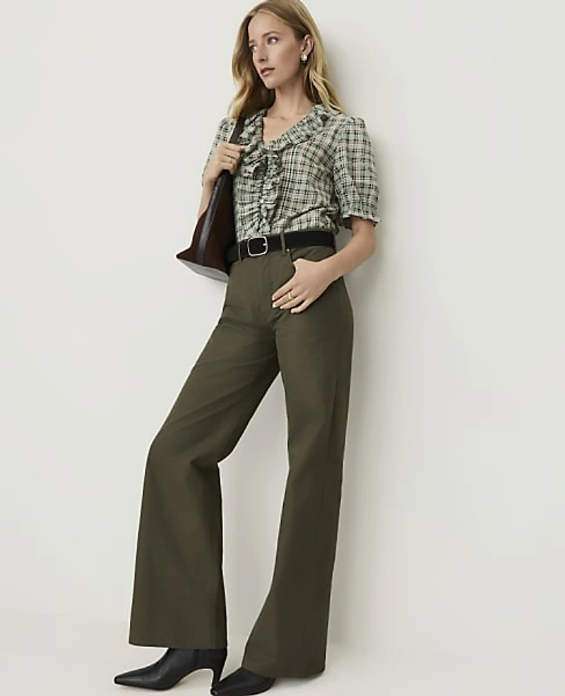 Ann Taylor Weekend Plaid Ruffle Trim Blouse Soft Eucalyptus Women's