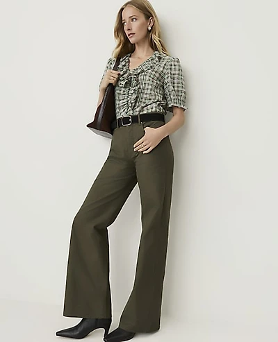 Ann Taylor Weekend Plaid Ruffle Trim Blouse Soft Eucalyptus Women's
