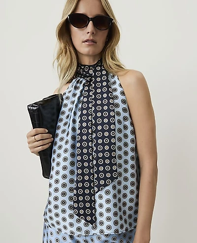 Ann Taylor Geo Print Sleeveless Tie Neck Blouse Night Sky Women's