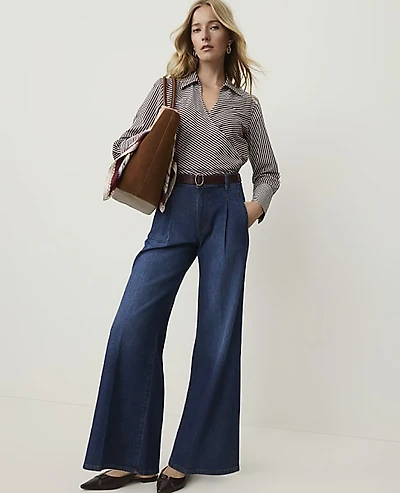 Ann Taylor The Petite Pleated Denim Palazzo Trouser Dark Wash Women's