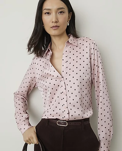 Ann Taylor Geo Print Essential Shirt Satin English Rose Pink Women's