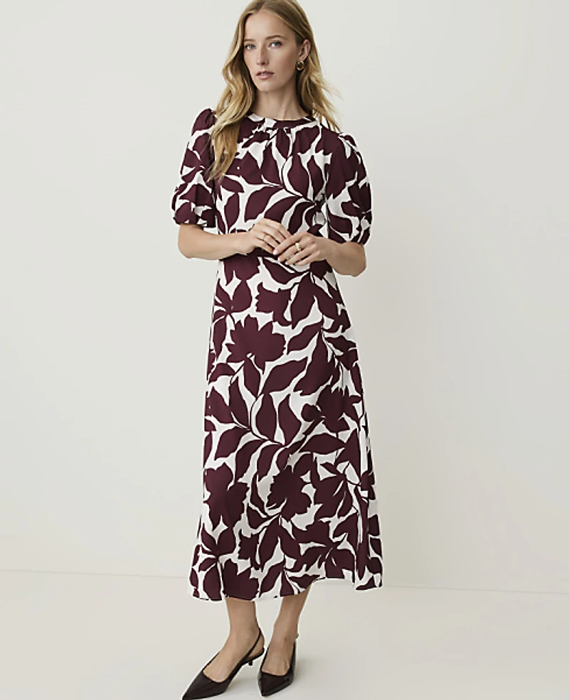 Ann Taylor Floral Puff Sleeve Midi Dress Purest Plum Women's