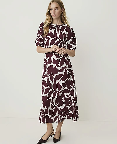 Ann Taylor Floral Puff Sleeve Midi Dress Purest Plum Women's