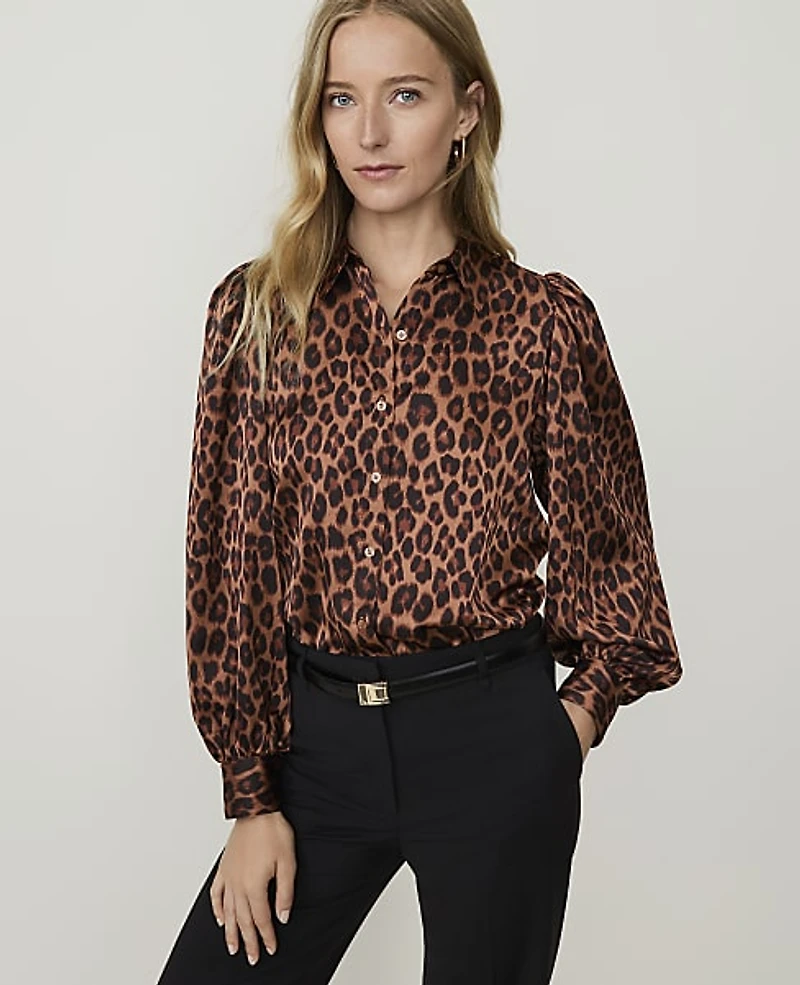 Ann Taylor Animal Print Blouson Sleeve Shirt Brown Women's