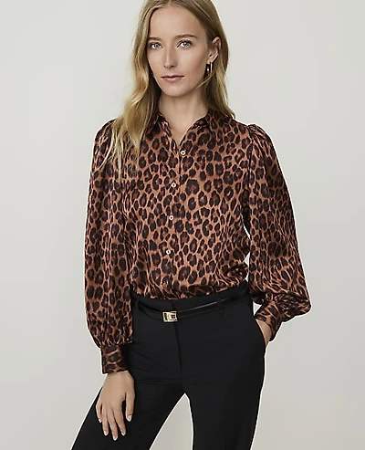 Ann Taylor Animal Print Blouson Sleeve Shirt Brown Women's