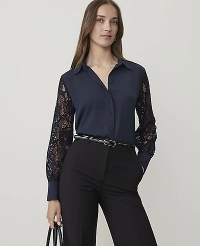 Ann Taylor Petite Lace Sleeve Shirt Night Sky Women's