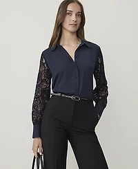 Ann Taylor Petite Lace Sleeve Shirt Night Sky Women's