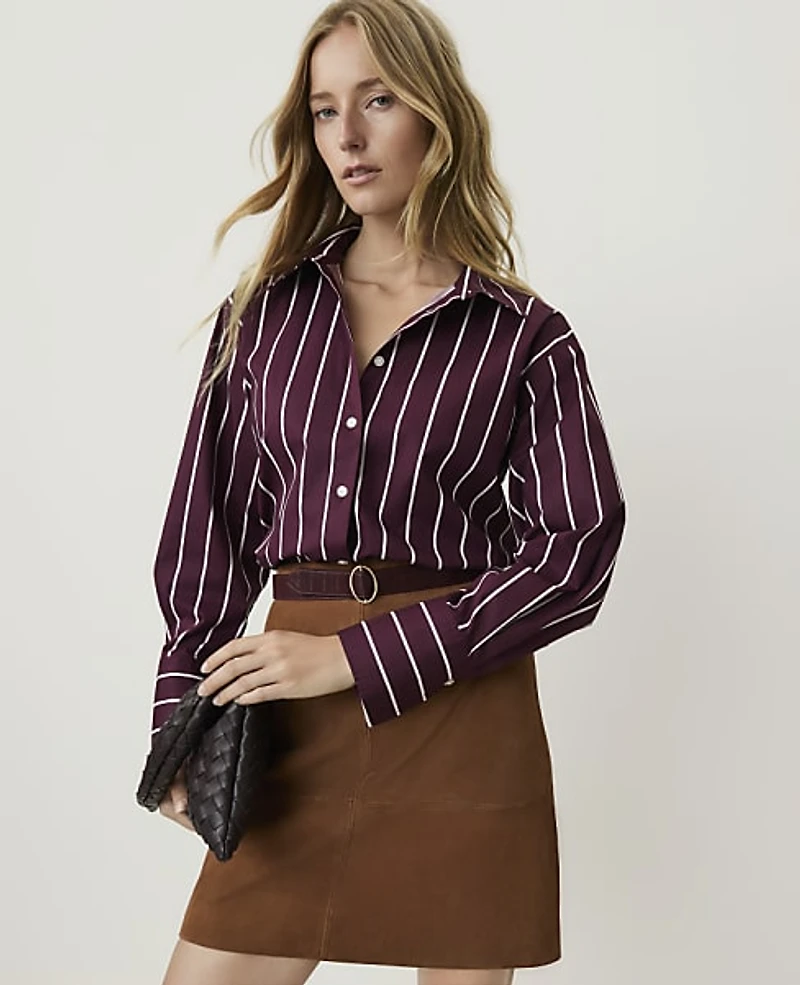 Ann Taylor Petite Striped Oversized Shirt Purest Plum Women's