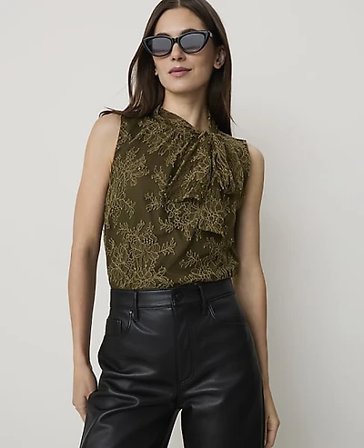 Ann Taylor Lace Bow Sleeveless Top Olive Sprig Women's